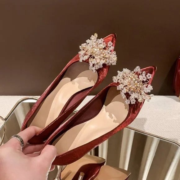 Red high sense bridesmaid pointed toe ladies fashion single shoes